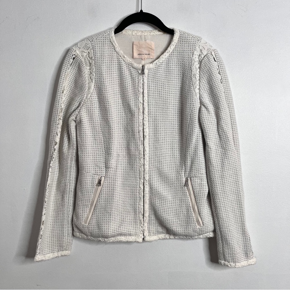 Rebecca Taylor Tweed Zip Front Blazer Collarless Jacket Business Women's 6 Lace